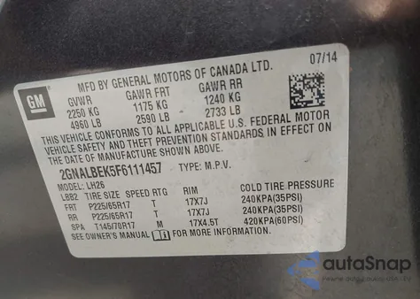 2015 Chevrolet Equinox 1Lt z USA, uszkodzony, nr VIN 2GNALBEK5F6111457